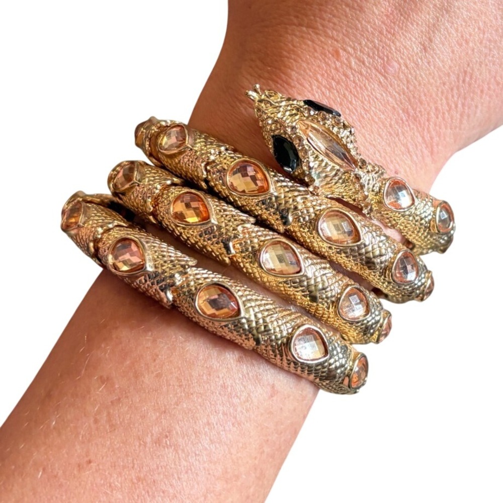 Rose Gold Snake Wrap Bracelet Teardrop Rhinestone Serpent Coil Cuff